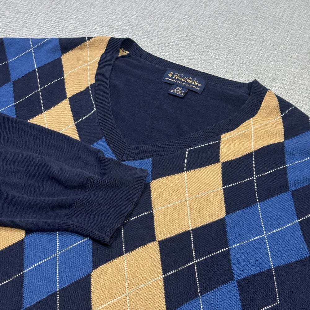 Brooks Brothers Argyle V-Neck Pullover Sweater Mens 2XL Blue Cotton Cashmere